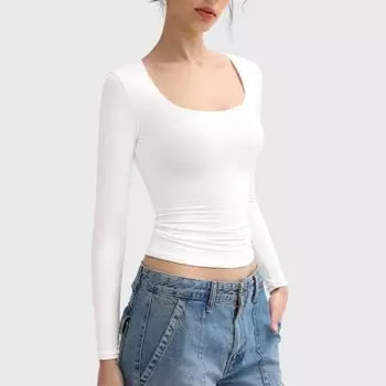 Женские топы с круглым вырезом и длинным рукавом, облегающие, однотонные, высокие S абрикосовый