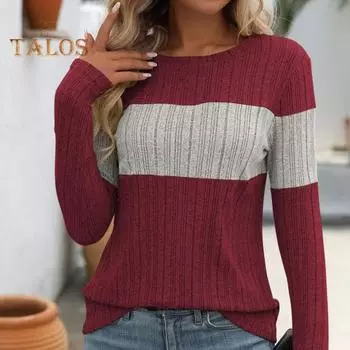 Женские топы с круглым вырезом и длинным рукавом, цветные ребристые трикотажные топы свободного кроя, повседневные свитера, повседневная одежда S чёрный