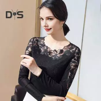 Женские топы с круглым вырезом и длинным рукавом, сетчатые кружевные вышитые пуловеры, однотонные облегающие блузки на каждый день L фиолетовый