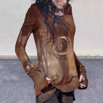 Женские топы с круглым вырезом и длинным рукавом с принтом луны, облегающая футболка средней длины из эластичной ткани на каждый день M коричневый