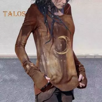 Женские топы с круглым вырезом и длинным рукавом с принтом луны, облегающая футболка средней длины из эластичной ткани, повседневная одежда M синий