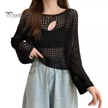 Женские топы с круглым вырезом и длинным рукавом, свободный крой, однотонные трикотажные топы для повседневной носки чёрный