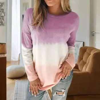 Женские топы с круглым вырезом и длинным рукавом, градиентная расцветка, тай-дай, футболка свободного кроя XL фиолетовый