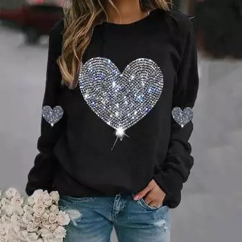 Женские топы с круглым вырезом и длинным рукавом, футболка с блестящими пайетками и принтом в виде сердца, повседневная одежда на весну и осень S чёрный