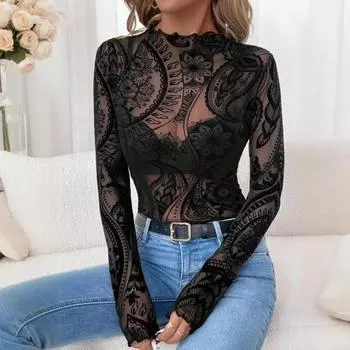 Женские топы с круглым вырезом и длинным рукавом, облегающие, весна-осень, пуловеры, топы, прозрачные, с геометрическим узором, кружевные, цветочные, сетчатые футболки S чёрный