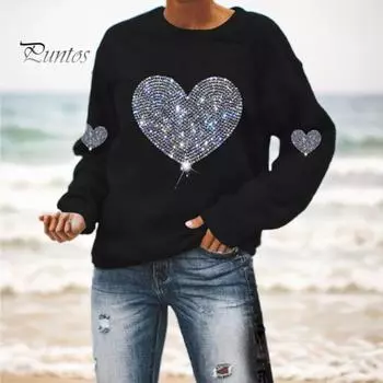 Женские топы с круглым вырезом и длинным рукавом, футболка с блестящими пайетками и принтом в виде сердца, повседневная одежда на весну и осень S чёрный