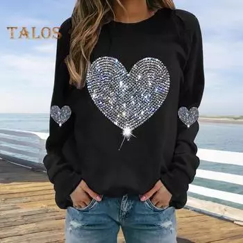 Женские топы с круглым вырезом и длинным рукавом, футболка с блестящими пайетками и принтом в виде сердца, повседневная одежда на весну и осень S чёрный