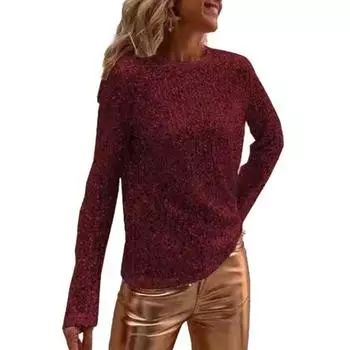 Женские топы с круглым вырезом и длинными рукавами, пуловеры, топы с блестящими пайетками, обычные S вино красного