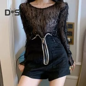 Женские топы с круглым вырезом и длинными рукавами, блестящие топы с кисточками и пайетками, свободная посадка, повседневная футболка, однотонные пуловеры, топы белый