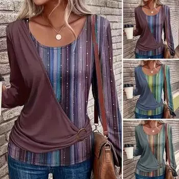 Женские топы с круглым вырезом и длинными рукавами, пуловеры, топы с полосатым принтом, футболка для повседневного ношения, свободная одежда на каждый день 2XL зелёный