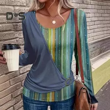 Женские топы с круглым вырезом и длинными рукавами, пуловеры, полосатые принты, повседневная свободная футболка, повседневная одежда 2XL зелёный