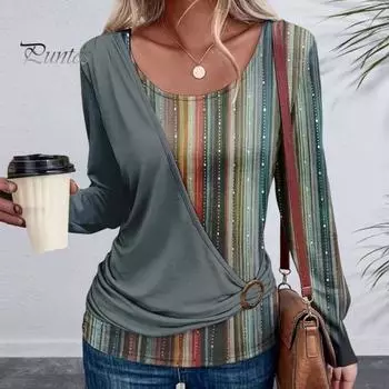 Женские топы с круглым вырезом и длинными рукавами, пуловеры, полосатые принты, повседневная свободная футболка, повседневная одежда 2XL зелёный