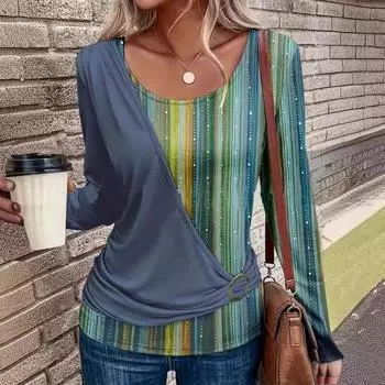 Женские топы с круглым вырезом и длинными рукавами, пуловеры, полосатые принты, повседневная свободная футболка, повседневная одежда 2XL зелёный