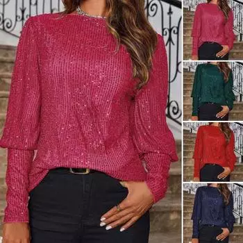 Женские топы с круглым вырезом и длинными рукавами, свободный крой, блестящие пайетки, эластичная повседневная блузка S зелёный