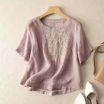Женские топы с круглым вырезом и коротким рукавом, вышитый бамбуковый узор, футболка, однотонная свободная летняя футболка M светло-фиолетовый