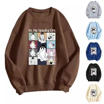 Женские топы с круглым вырезом и принтом из хлопка, повседневная мода, длинный рукав, пуловер, топ, блузка M коричневый