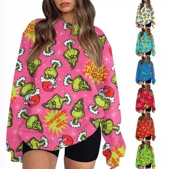 Женские топы с круглым вырезом и принтом из хлопка, повседневная мода, длинный рукав, пуловер, топ, блузка XXL синий