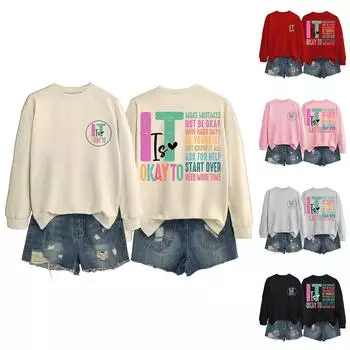 Женские топы с круглым вырезом и принтом из хлопка, повседневная мода, длинный рукав, пуловер, топ, блузка L чёрный