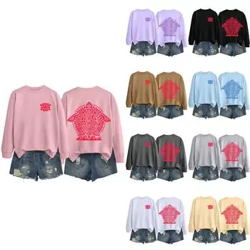 Женские топы с круглым вырезом и принтом из хлопка, повседневная мода, длинный рукав, пуловер, топ, блузка L бежевый