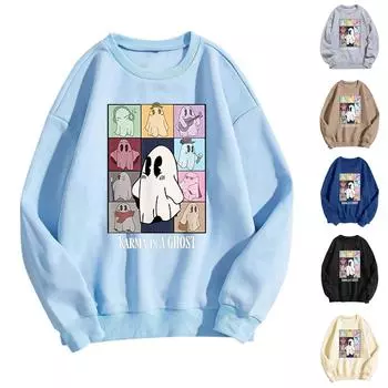 Женские топы с круглым вырезом и принтом из хлопка, повседневная мода, длинный рукав, пуловер, топ, блузка L чёрный