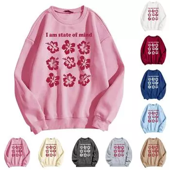 Женские топы с круглым вырезом и принтом из хлопка, повседневная мода, длинный рукав, пуловер, топ, блузка M белый