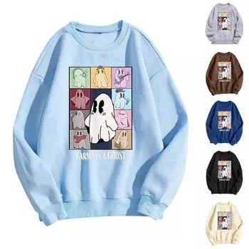 Женские топы с круглым вырезом и принтом из хлопка, повседневная мода, длинный рукав, пуловер, топ, блузка S хаки