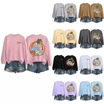 Женские топы с круглым вырезом и принтом из хлопка, повседневная мода, длинный рукав, пуловер, топ, блузка L бежевый