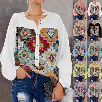 Женские топы с круглым вырезом и пуговицами в стиле ретро, женская рубашка с длинными рукавами 3XL озеро синий