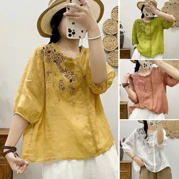 Женские топы с круглым вырезом и рукавами, вышитая футболка с цветочным узором, однотонная футболка, свободная рубашка, уличная одежда 2XL зелёный