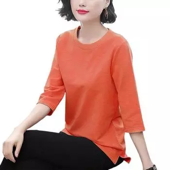 Женские топы с круглым вырезом и рукавом 3/4, однотонные эластичные пуловеры, топы обычного кроя, летняя футболка, повседневная одежда L оранжевый