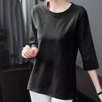 Женские топы с круглым вырезом и рукавом 3/4, однотонные эластичные пуловеры, топы обычного кроя, летняя футболка, повседневная одежда L чёрный