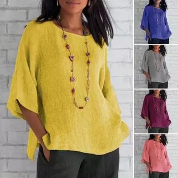 Женские топы с круглым вырезом и рукавом 3/4, свободная футболка, однотонная тонкая дышащая повседневная футболка, повседневная одежда S жёлтый