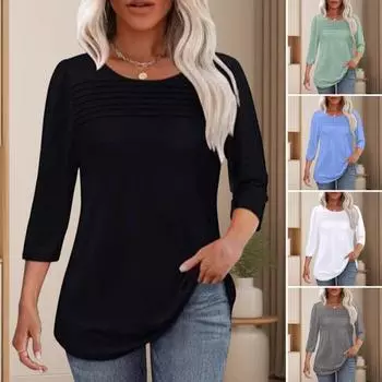 Женские топы с круглым вырезом и рукавом 3/4, плиссированная блузка, весна-лето, однотонная, свободная посадка, повседневная футболка, повседневная одежда M светло-серый