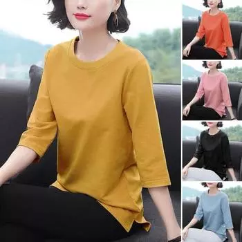 Женские топы с круглым вырезом и рукавом 3/4, однотонные эластичные пуловеры, топы обычного кроя, летняя футболка, повседневная одежда L розовый