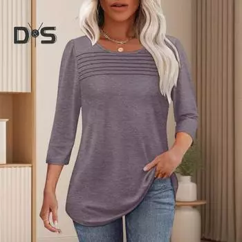 Женские топы с круглым вырезом и рукавом 3/4, плиссированная блузка, весна-лето, однотонная, свободная посадка, повседневная футболка, повседневная одежда XXL синий