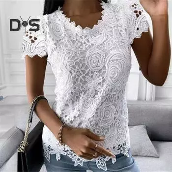 Женские топы с круглым вырезом, коротким рукавом, однотонная футболка с кружевными вставками, однотонная повседневная блузка стандартного кроя S розовый