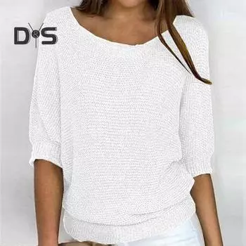 Женские топы с круглым вырезом, однотонная футболка с рукавами 3/4, свободная вязаная блузка, эластичные дышащие топы, уличная одежда L темно-коричневого