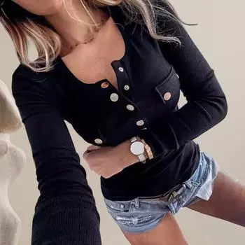 Женские топы с круглым вырезом, пуговицами, полузастежкой, длинным рукавом, пуловеры, топы, тонкие XL чёрный