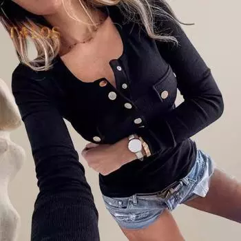 Женские топы с круглым вырезом, пуговицами, полузастежкой, длинным рукавом, облегающие топы, однотонные, с фальшивыми карманами, блузка XL чёрный