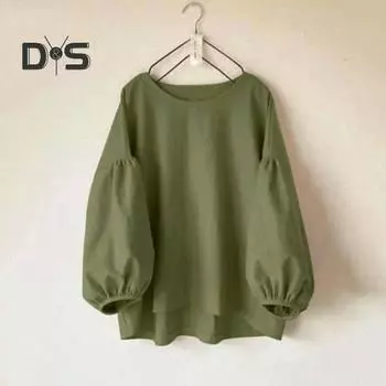 Женские топы с круглым вырезом, пышные, с длинным рукавом, однотонные, свободные, повседневные, блузки, универсальная повседневная одежда M армия зеленый