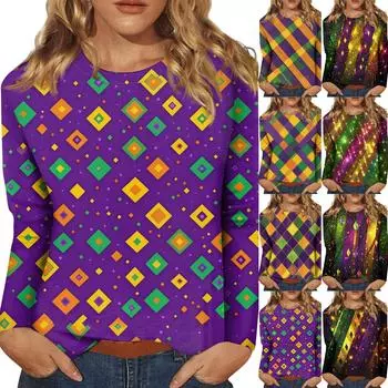 Женские топы с круглым вырезом, свободная футболка с карнавальным принтом L темно-фиолетового