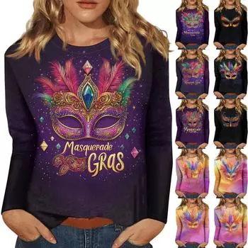 Женские топы с круглым вырезом, свободная футболка с карнавальным принтом L темно-фиолетового