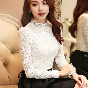 Женские топы с кружевом, с длинным рукавом, воротником-стойкой, облегающие пуловеры, топы с вышитым кружевом и цветочным принтом в пригородном стиле M белый