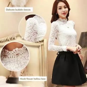 Женские топы с кружевом, с длинным рукавом, воротником-стойкой, облегающие пуловеры, топы с вышитым кружевом и цветочным принтом в пригородном стиле XL чёрный