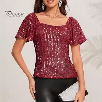 Женские топы с квадратным воротником, буфами и короткими рукавами, топы с пайетками, блестящие блузки для вечеринок, вечерние топы S красный