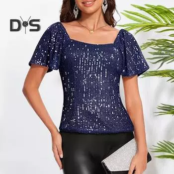 Женские топы с квадратным воротником, буфами и короткими рукавами, топы с пайетками, блестящие блузки для вечеринок, вечерние топы S розовый