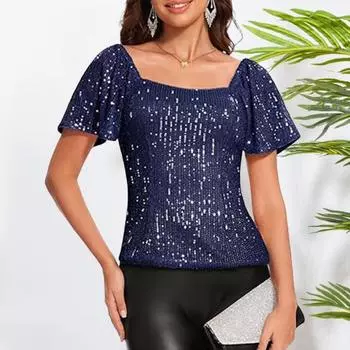 Женские топы с квадратным воротником, буфами и короткими рукавами, топы с пайетками, блестящие блузки для вечеринок, вечерние топы L красный