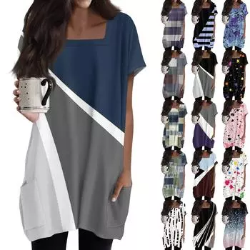 Женские топы с квадратным воротником, короткие рукава, блузки, повседневные рубашки средней длины, модные туники с принтом и карманами XXL