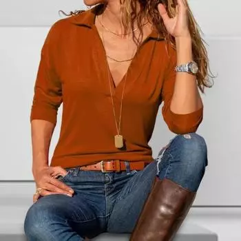 Женские топы с лацканами, V-образным вырезом, длинным рукавом, свободный крой, пуловеры, однотонные, повседневные S чёрный