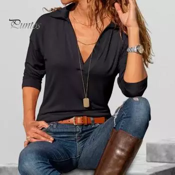 Женские топы с лацканами, V-образным вырезом, длинным рукавом, свободный крой, однотонные повседневные теплые удобные блузки S красный